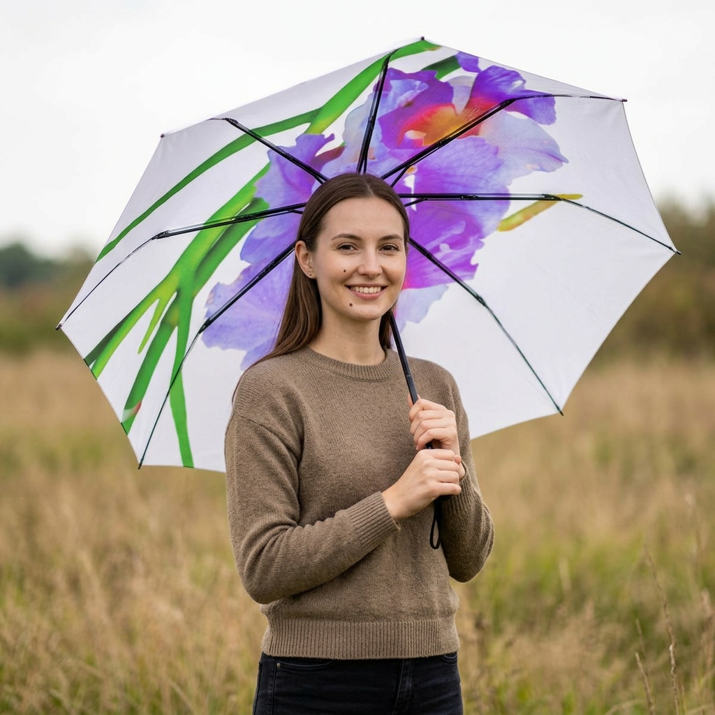 Floral Orchid Foldable Umbrella — Semi‑Automatic Compact Rain Umbrella